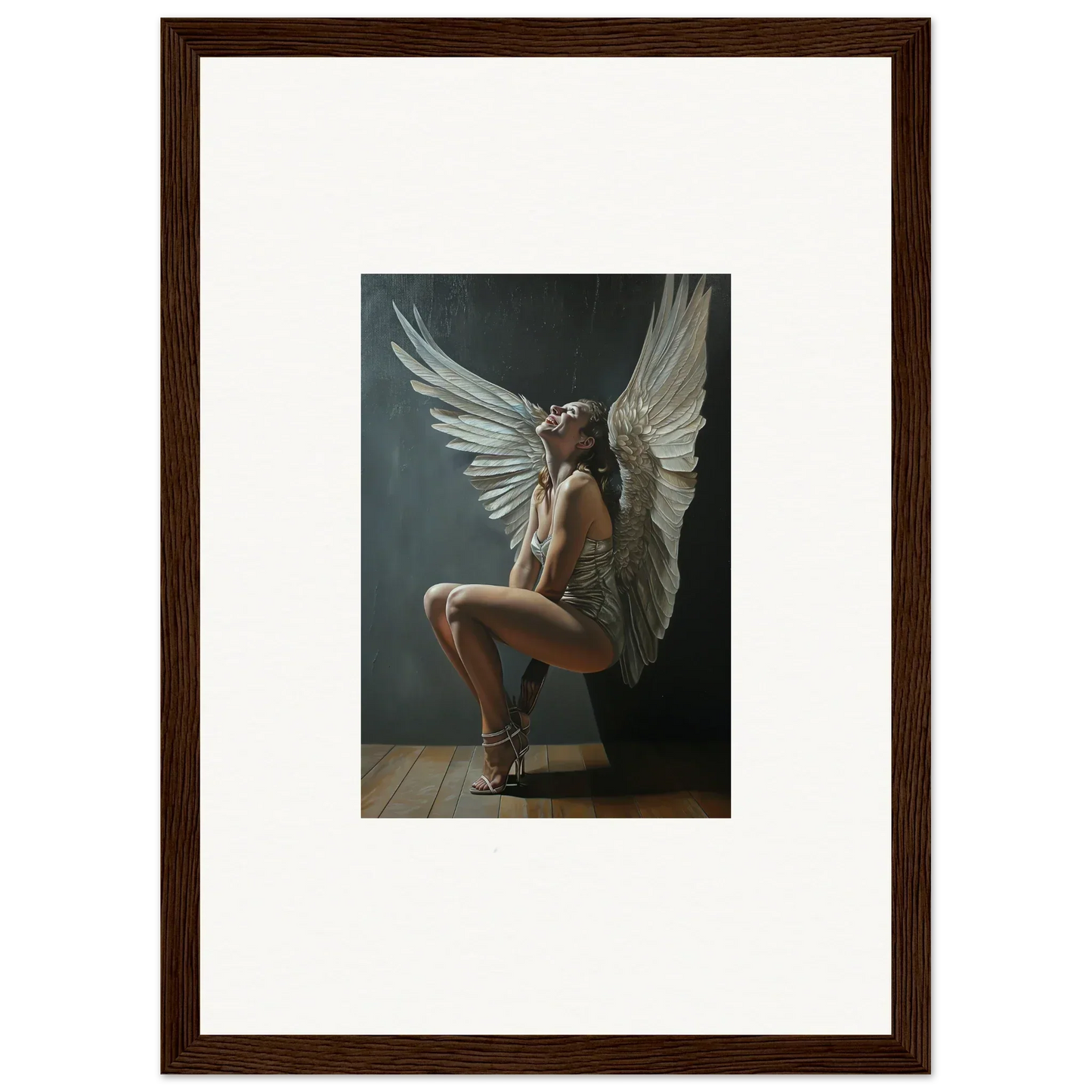 Nude figure with white wings on pedestal from Heavenly Weakened Psalms art piece