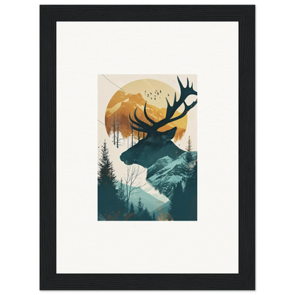 Stylized deer silhouette with antlers in a scenic nature canvas print for room decoration