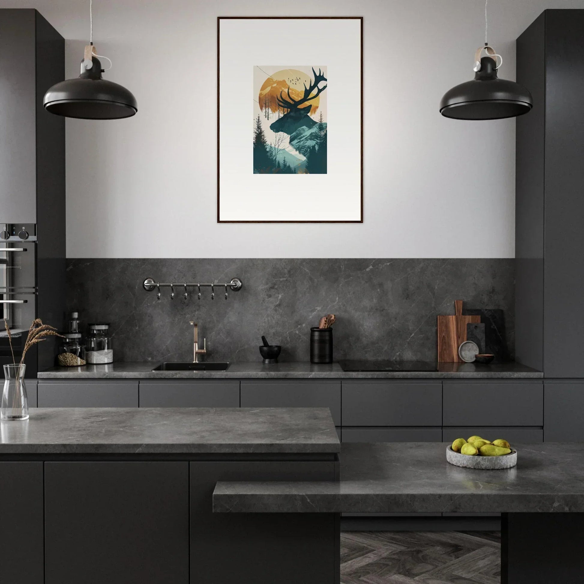 Modern kitchen with dark cabinetry featuring a stunning deer panoramas canvas print