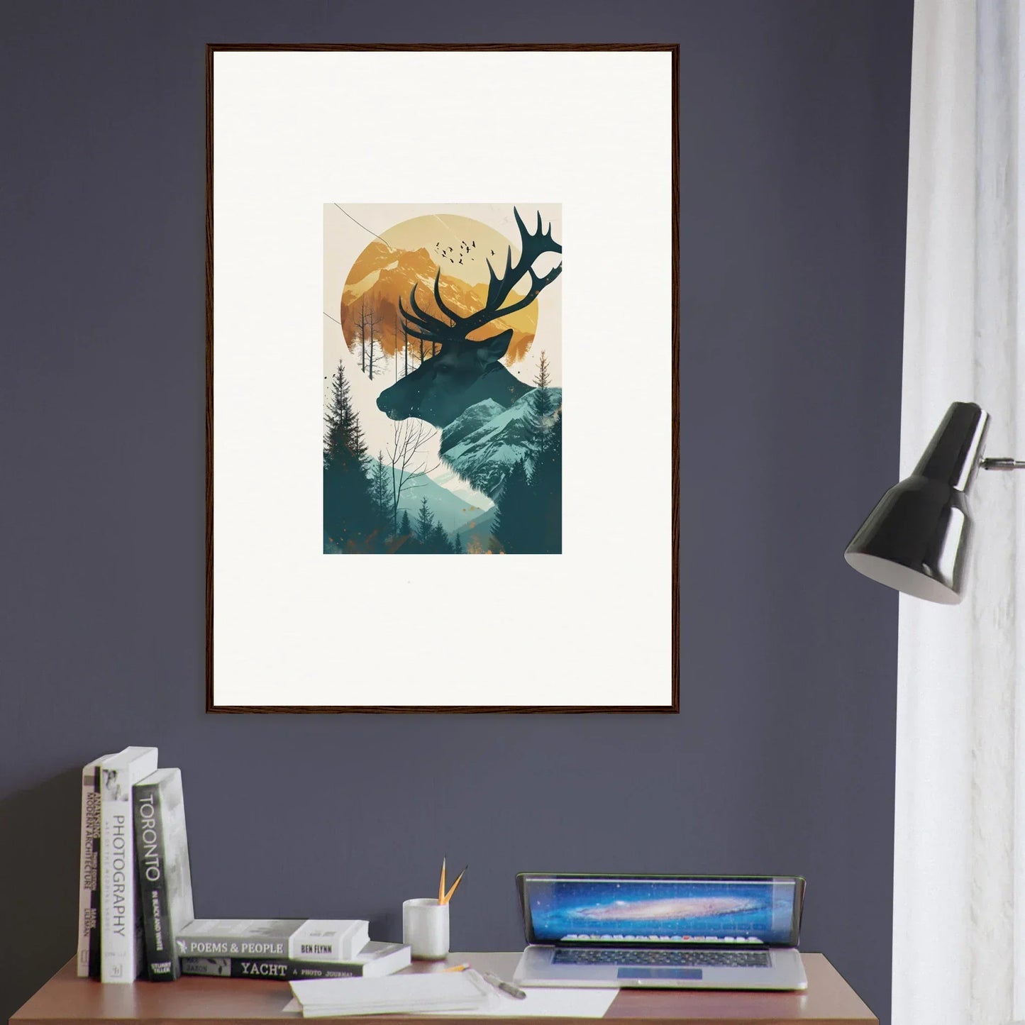 Framed canvas print of a stylized deer silhouette for unique room decoration