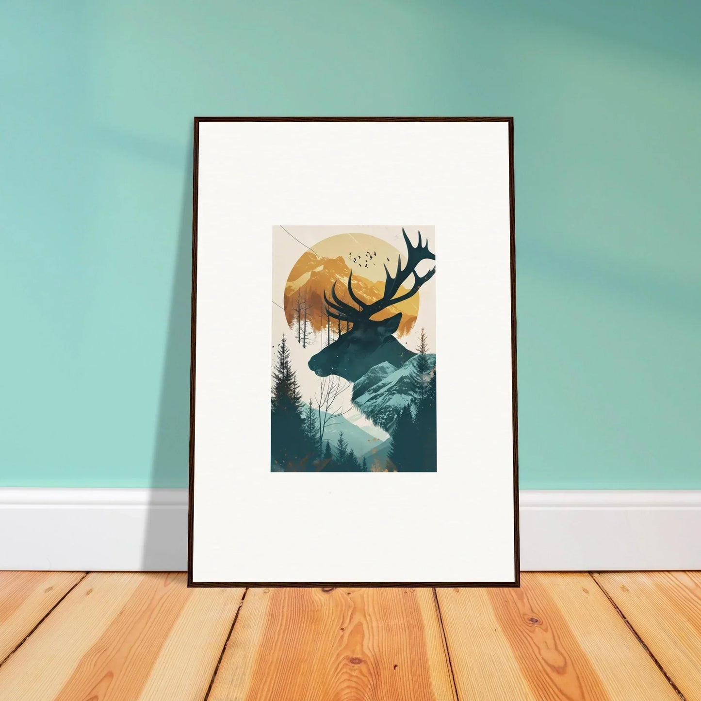 Deer silhouette canvas print in a stunning mountain sunset for room decoration