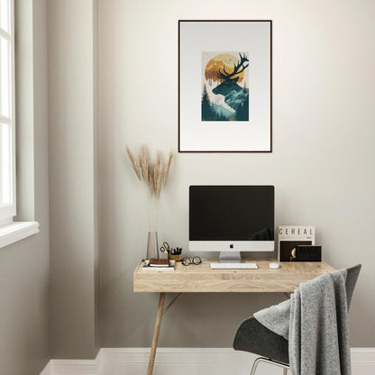 Minimalist wooden desk with computer and Deer Panoramas canvas print for room decoration