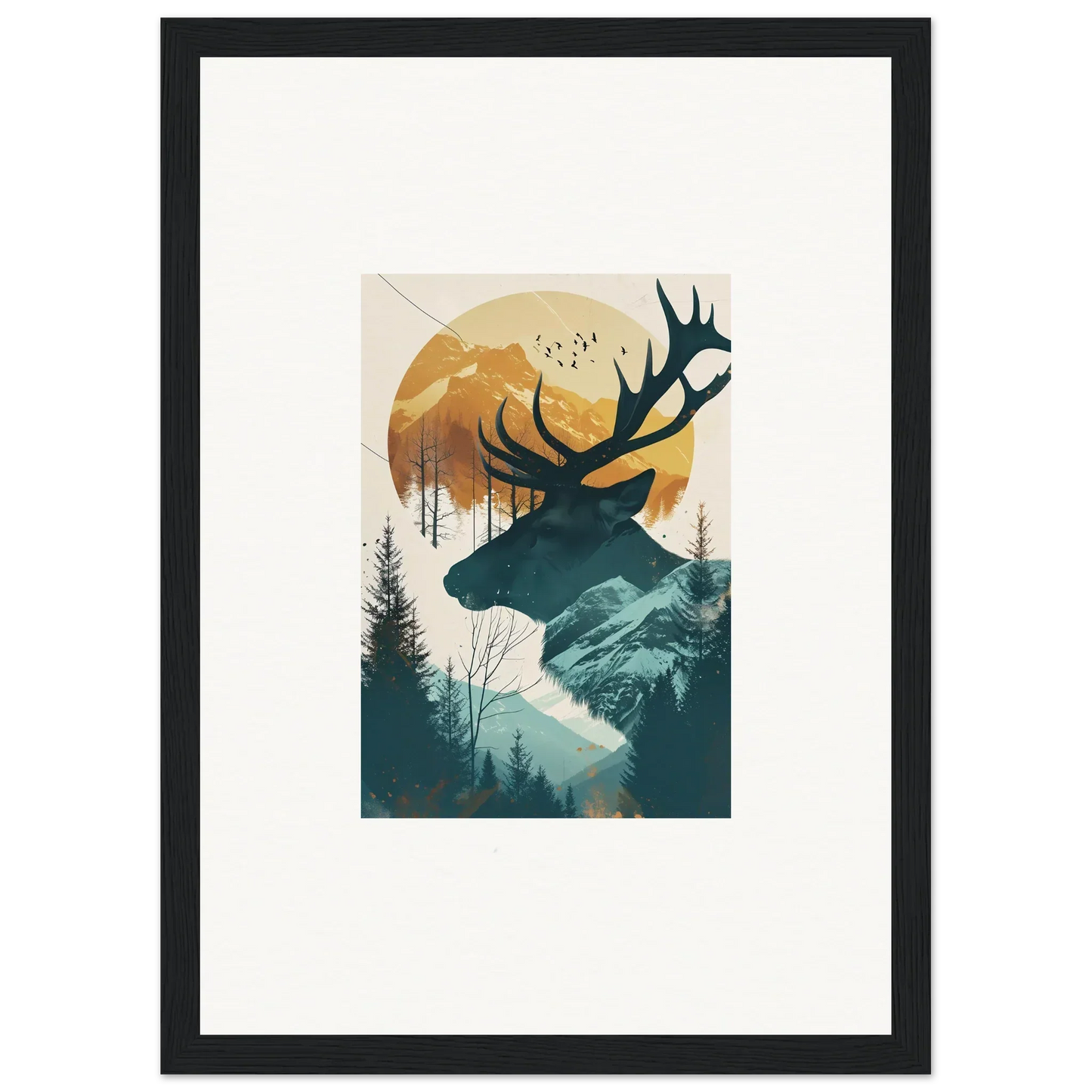 Silhouette of a deer’s head with antlers in a stunning nature scene canvas print