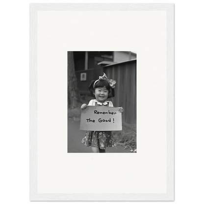 Black and white photo of a child with Remember The Goal sign in Hope Embracing Retro art