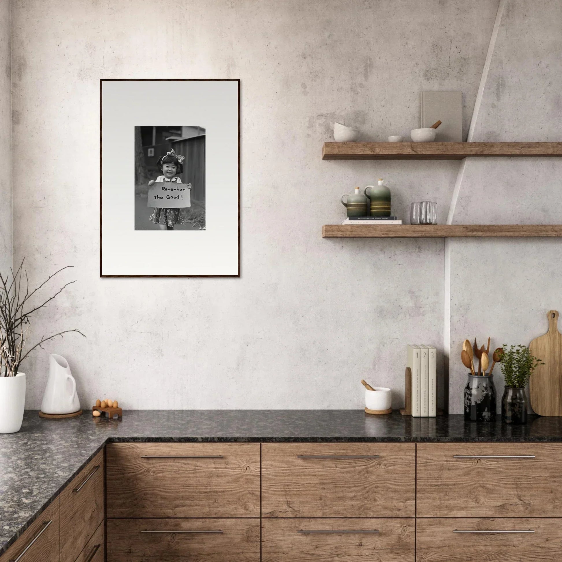 Modern kitchen with wooden cabinets and dark stone tops, Hope Embracing Retro vibe