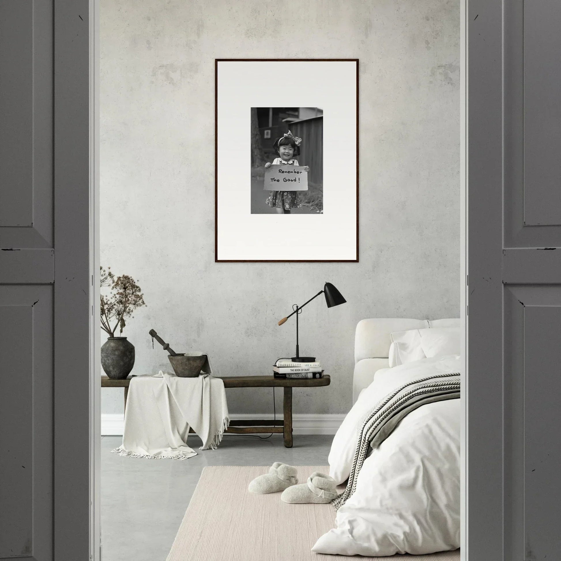 Monochromatic bedroom with Hope Embracing Retro framed wall art and sleek decor