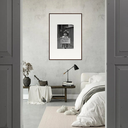 Monochromatic bedroom with Hope Embracing Retro framed wall art and sleek decor