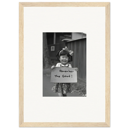 Framed black and white photo of a child with Remember the Good sign in Hope Embracing Retro