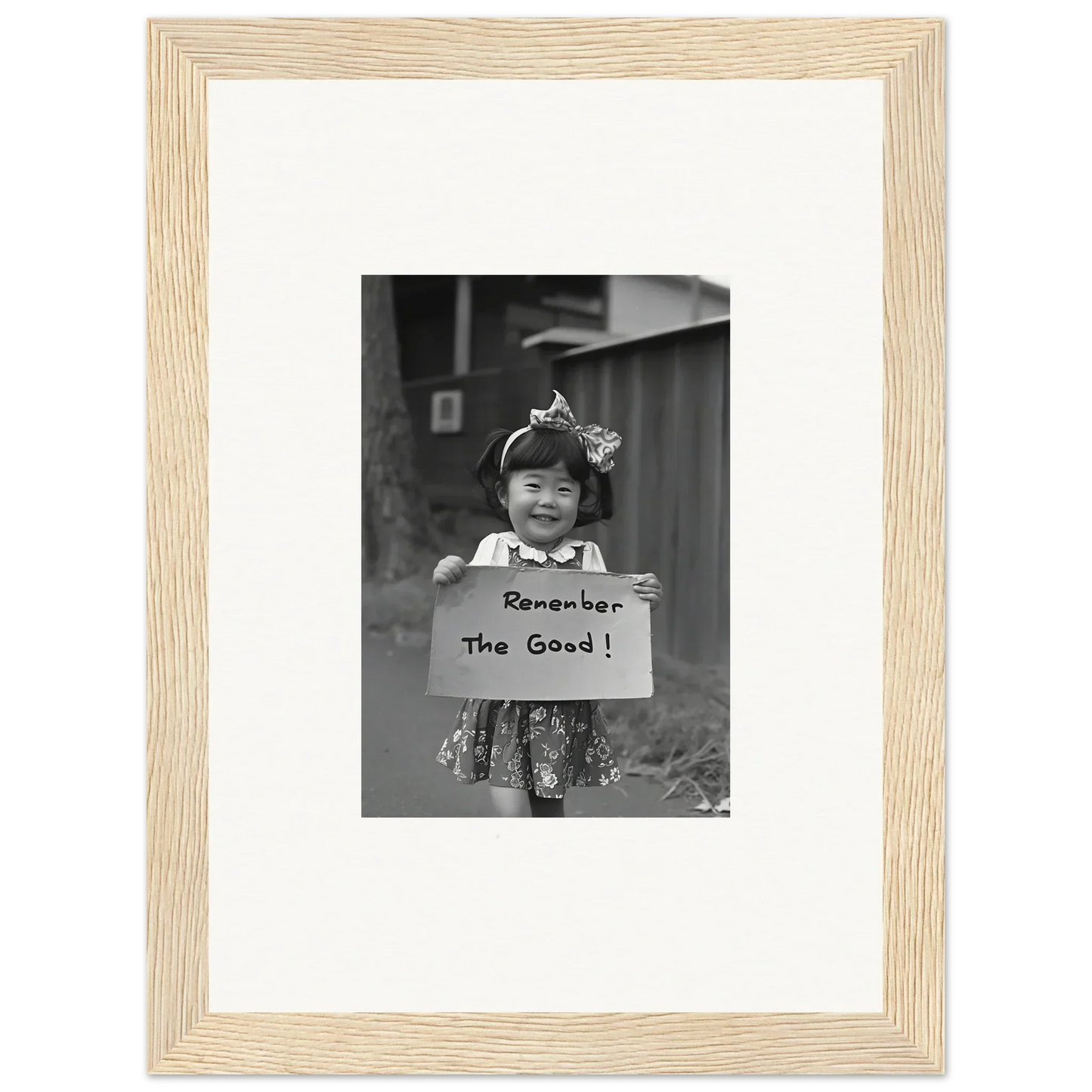 Black and white framed wall art of a child with a sign saying Remember The Good in Hope Embracing Retro style