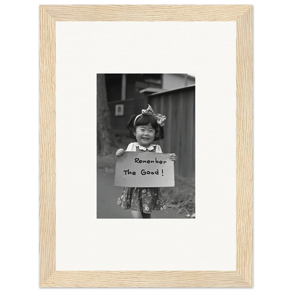 Black and white framed wall art of a child with a sign saying Remember The Good in Hope Embracing Retro style