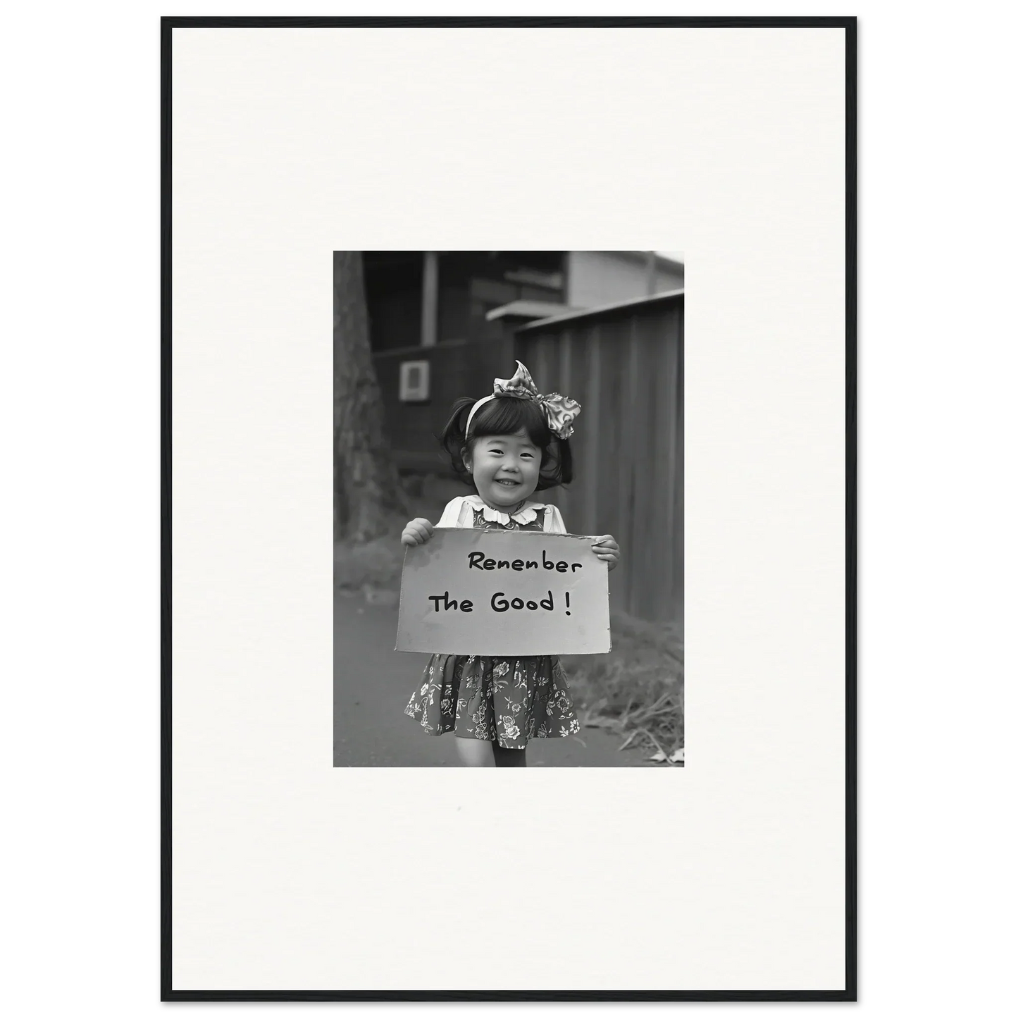 Black and white photo of a child with a Remember the Good sign in Hope Embracing Retro framed wall art