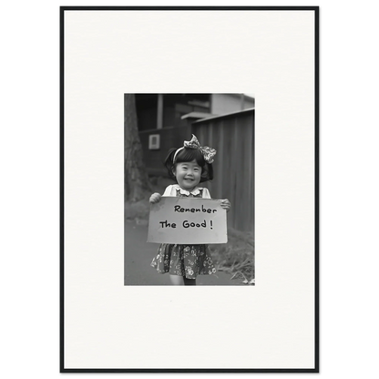 Black and white photo of a child with a Remember the Good sign in Hope Embracing Retro framed wall art