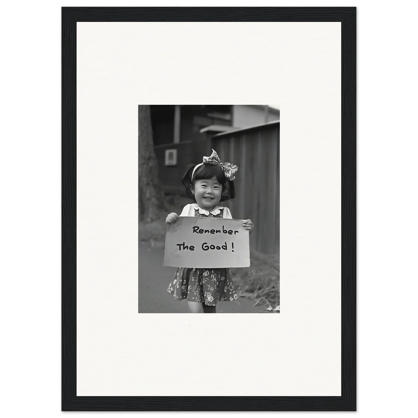 Black and white photo of a child with Remember The Good sign in Hope Embracing Retro art