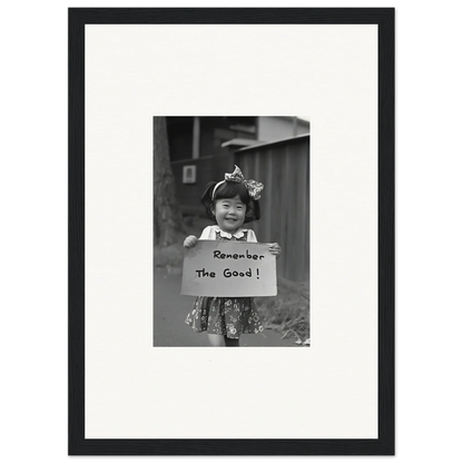 Black and white photo of a child with Remember The Good sign in Hope Embracing Retro art