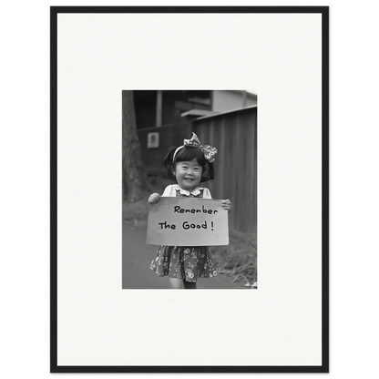 Black and white photo of a child with a Remember the Good sign for Hope Embracing Retro