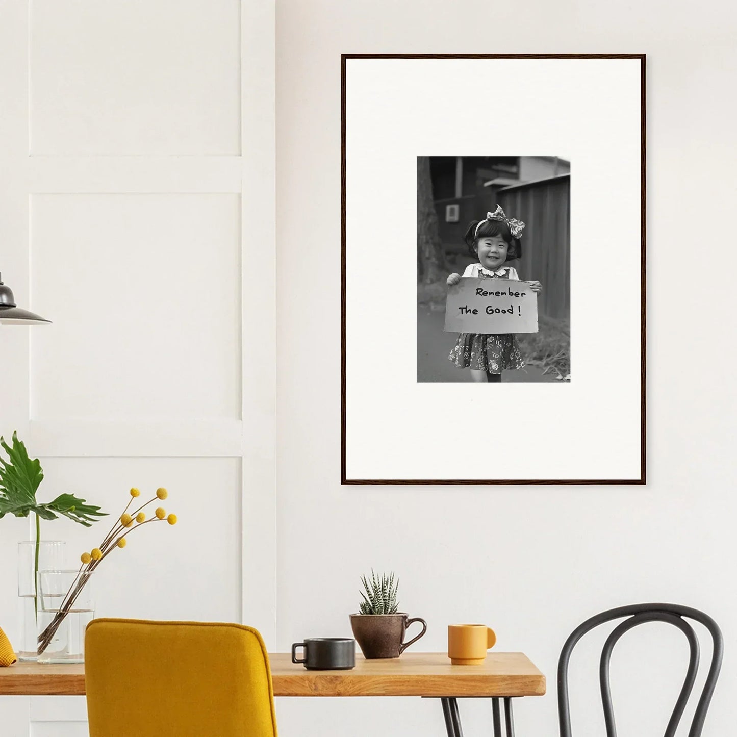 Framed black and white photograph on white wall from Hope Embracing Retro collection