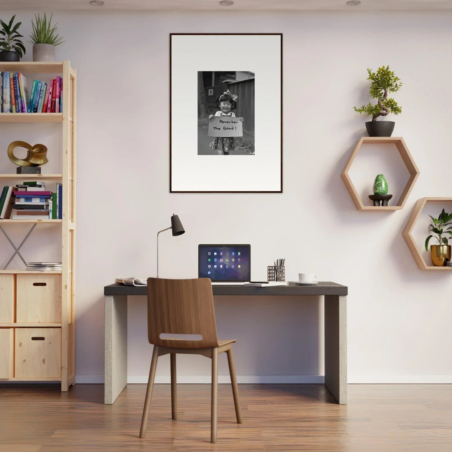 Simple home office with a dark desk and wooden chair, featuring Hope Embracing Retro art