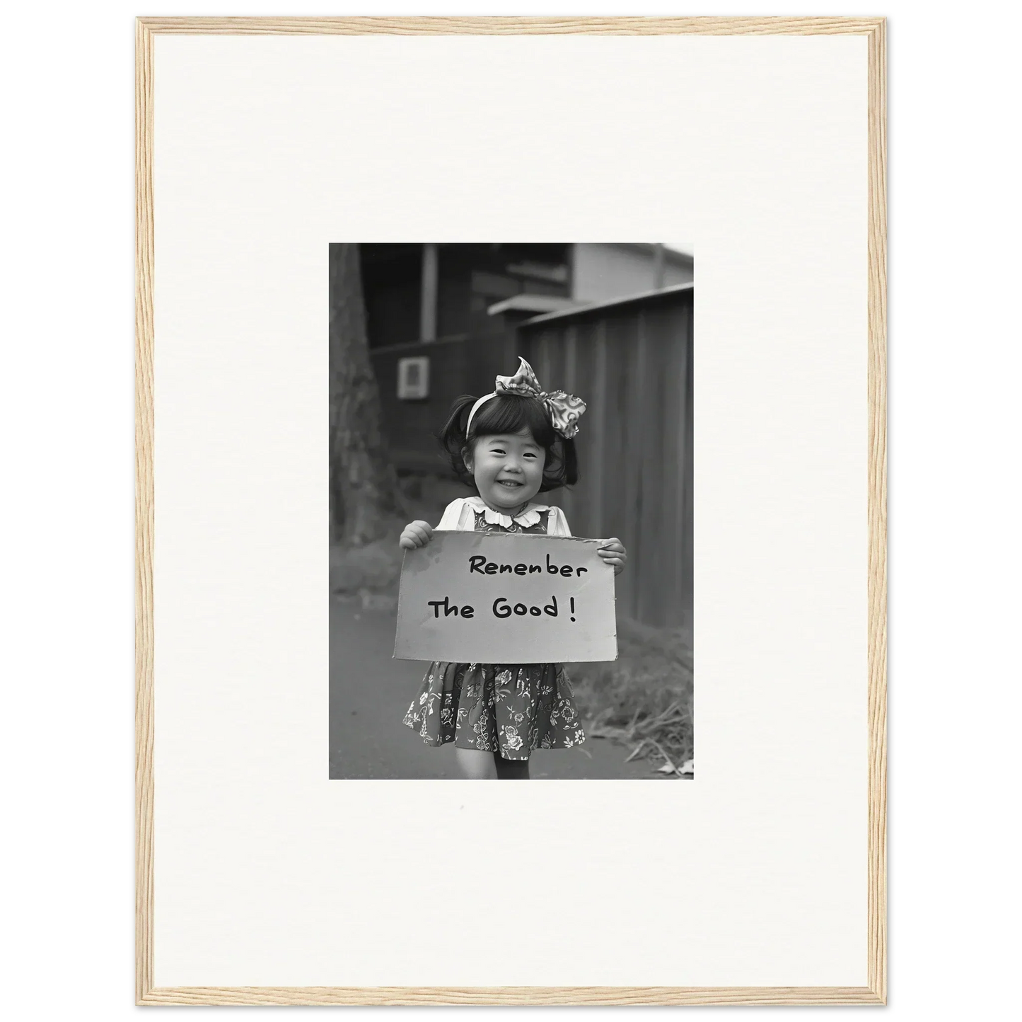 Child holding Remember The Good sign in a simple frame, Hope Embracing Retro art