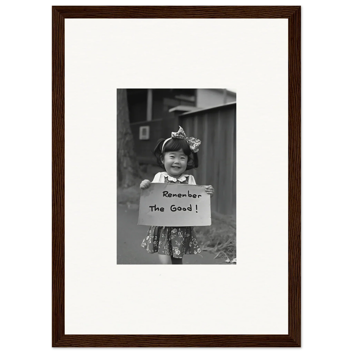 Framed black and white photo of a child with a Remember The Good sign in Hope Embracing Retro