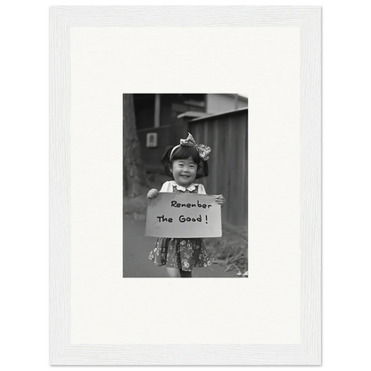 Child holding a sign in a black and white photo, framed wall art for Hope Embracing Retro