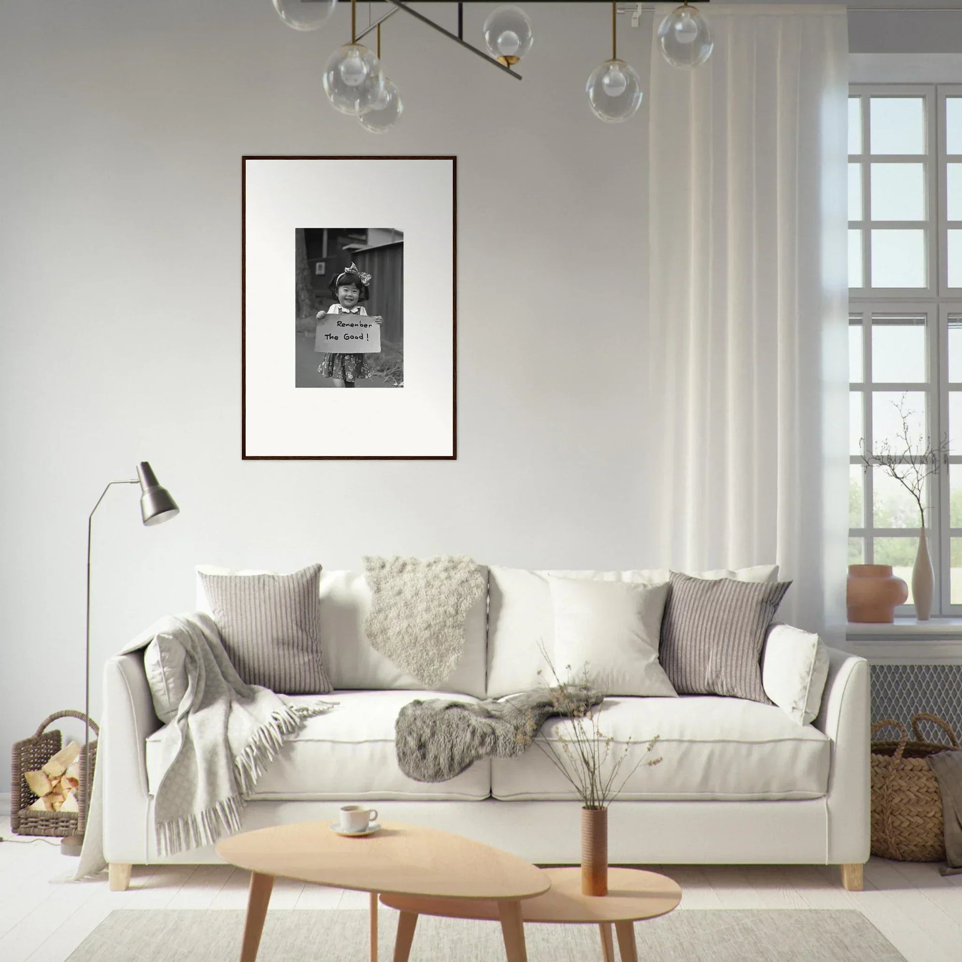 White sofa with gray and cream pillows, perfect for Hope Embracing Retro vibes