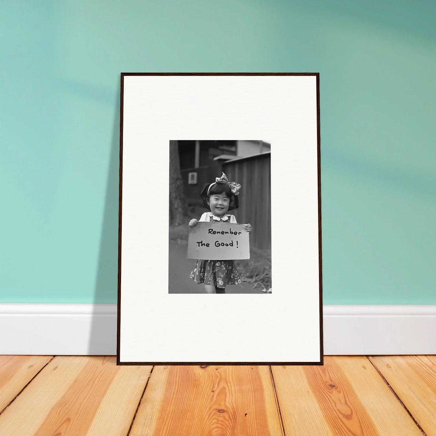 Framed black and white photo of a child with a sign saying The Good in Hope Embracing Retro