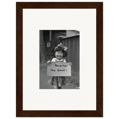 Framed wall art of a child holding a Remember The Good sign in Hope Embracing Retro style