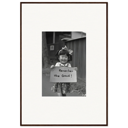 Child in black and white photo holding Remember the Good sign, part of Hope Embracing Retro collection