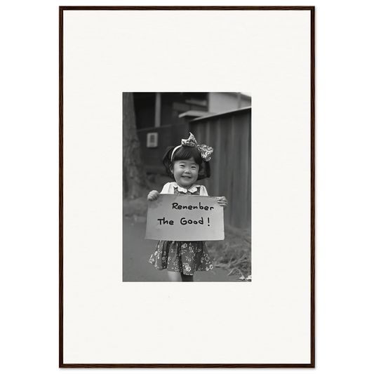 Child in black and white photo holding Remember the Good sign, part of Hope Embracing Retro collection