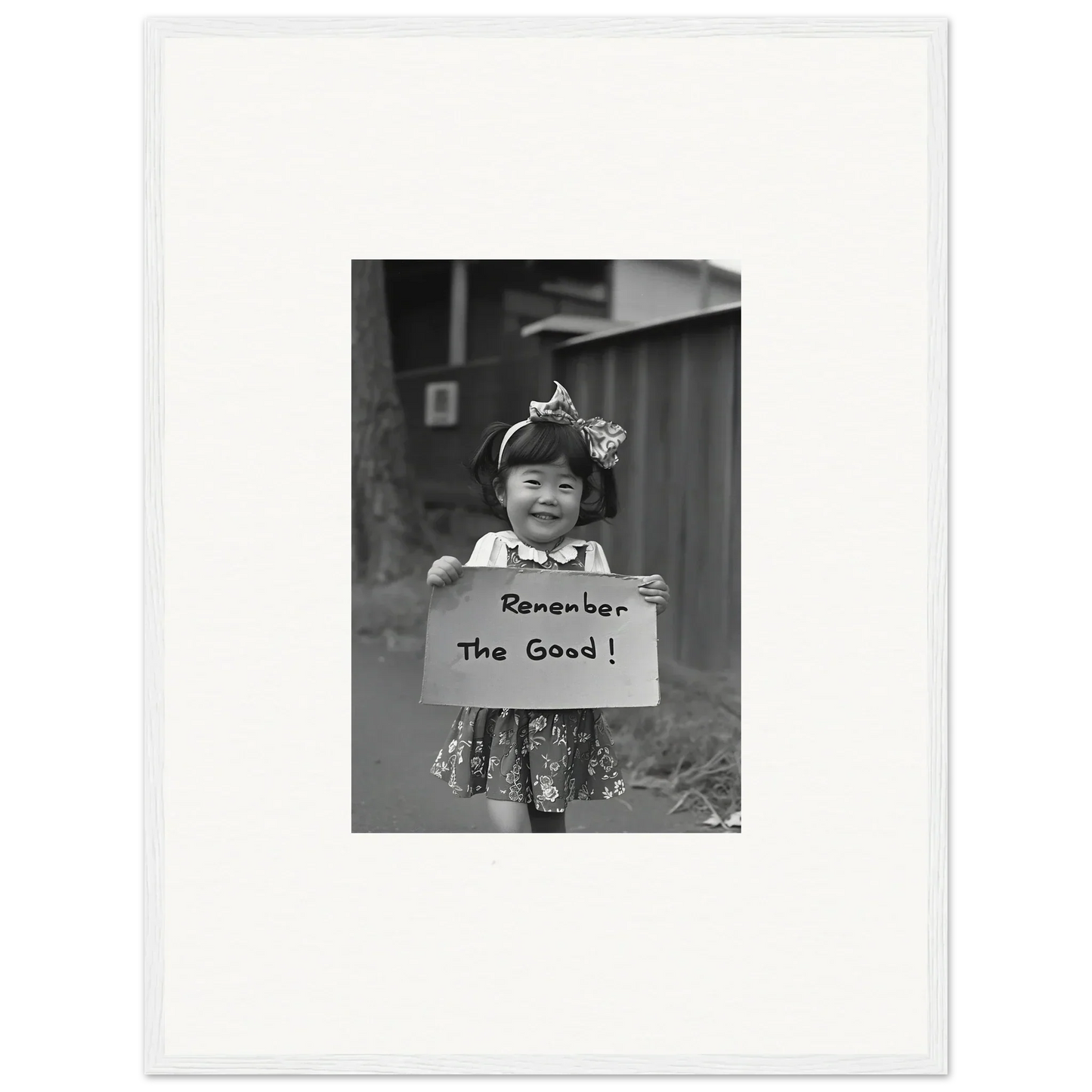 Black and white photo of a child with a Remember the Good sign in Hope Embracing Retro art