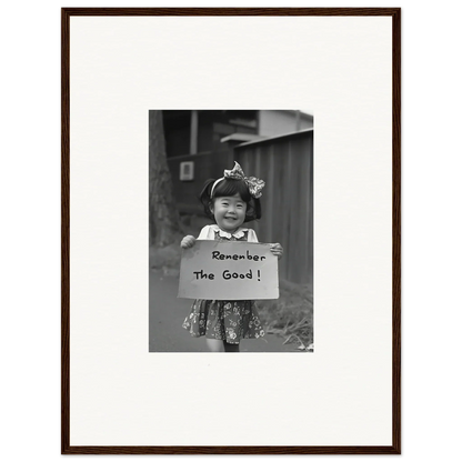 Black and white photo of a child with a Remember the Good sign for Hope Embracing Retro