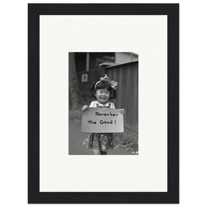 Black and white framed wall art of a child holding a Remember The Good sign in Hope Embracing Retro