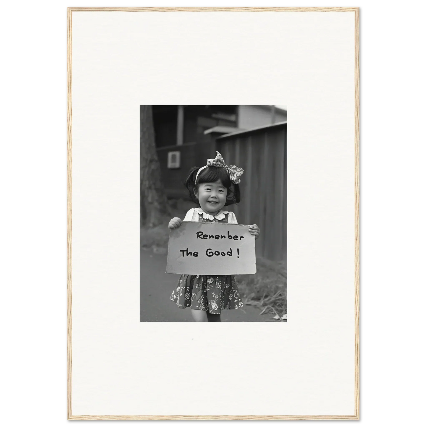 Child holding a sign saying Remember the Good in Hope Embracing Retro framed wall art