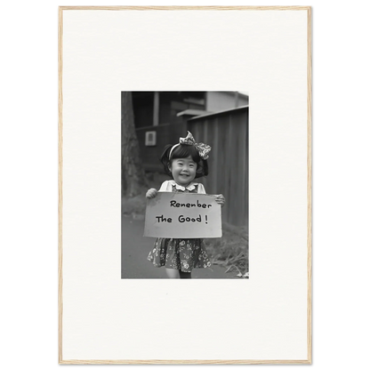 Child holding a sign saying Remember the Good in Hope Embracing Retro framed wall art