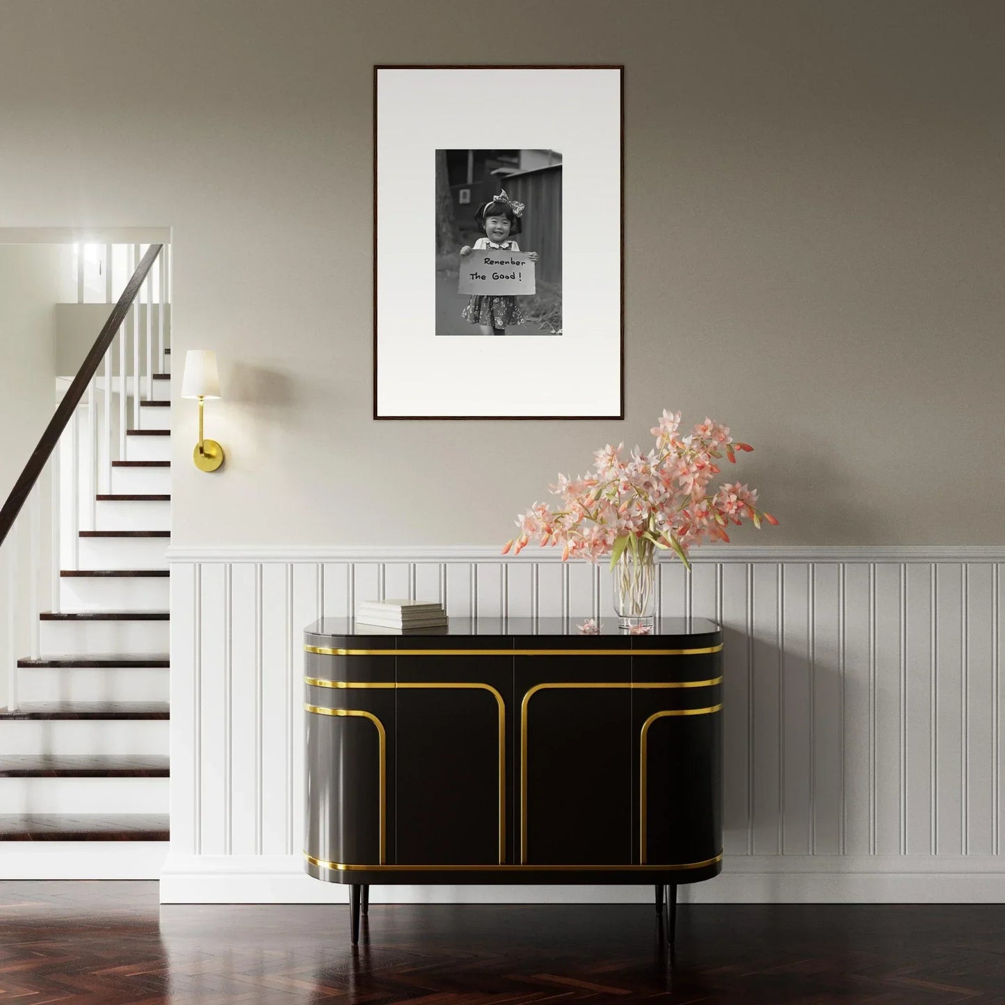 Art Deco-style black credenza with gold trim from Hope Embracing Retro collection