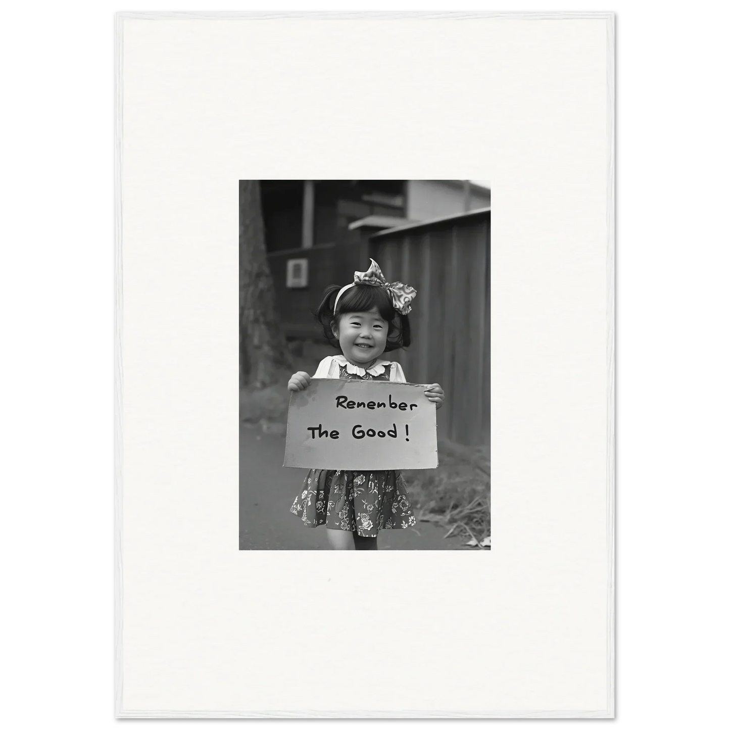 Black and white photo of a child with a sign, hope embracing retro framed wall art