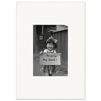 Black and white photo of a child with a sign, hope embracing retro framed wall art