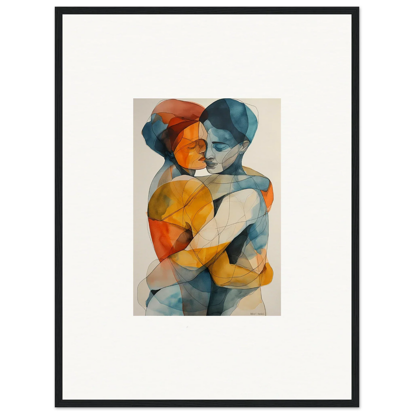 Abstract watercolor canvas print of embracing figures for room decoration. Embrace Serenpull