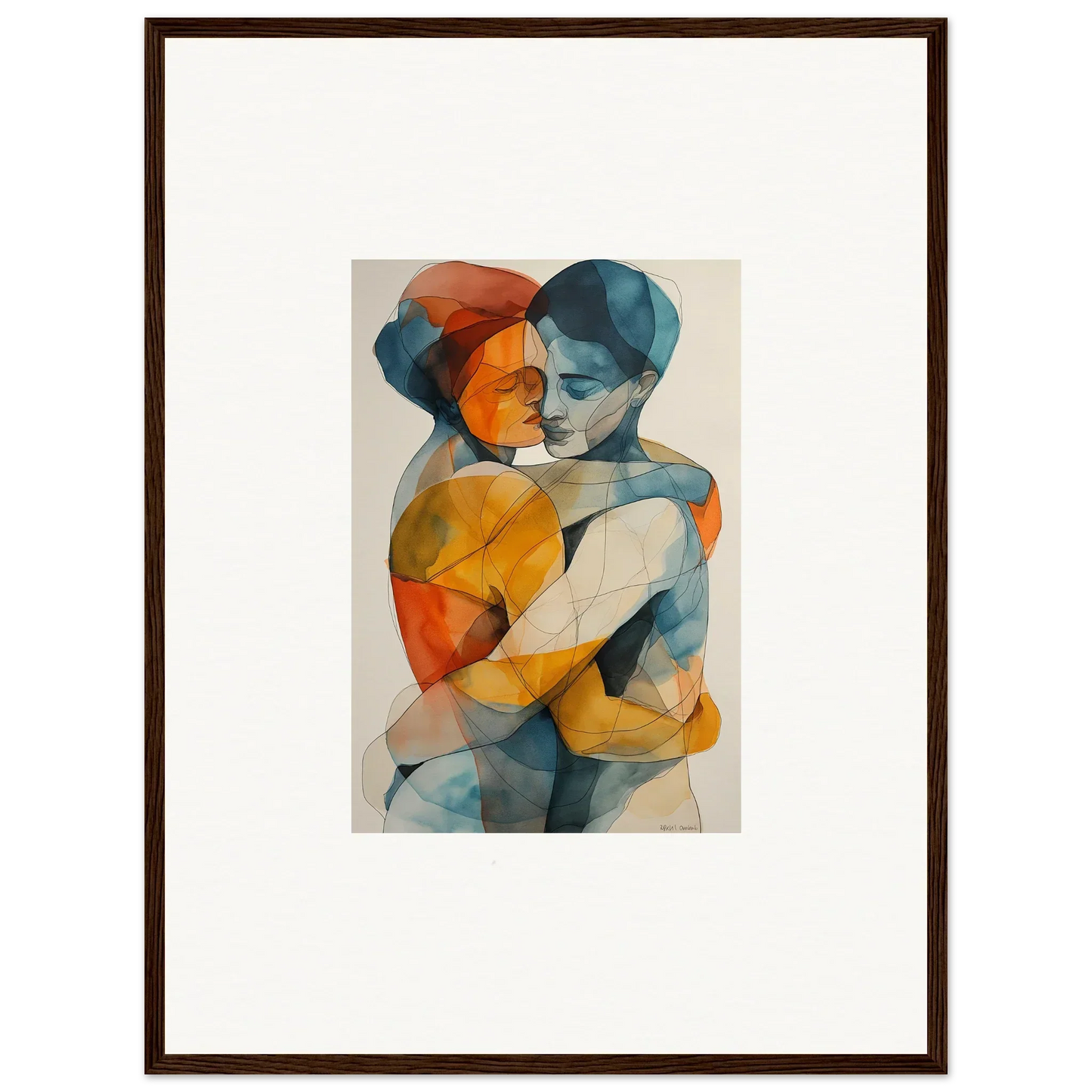 Abstract watercolor of two figures embracing, perfect for your Hues Embrace Serenpull canvas print