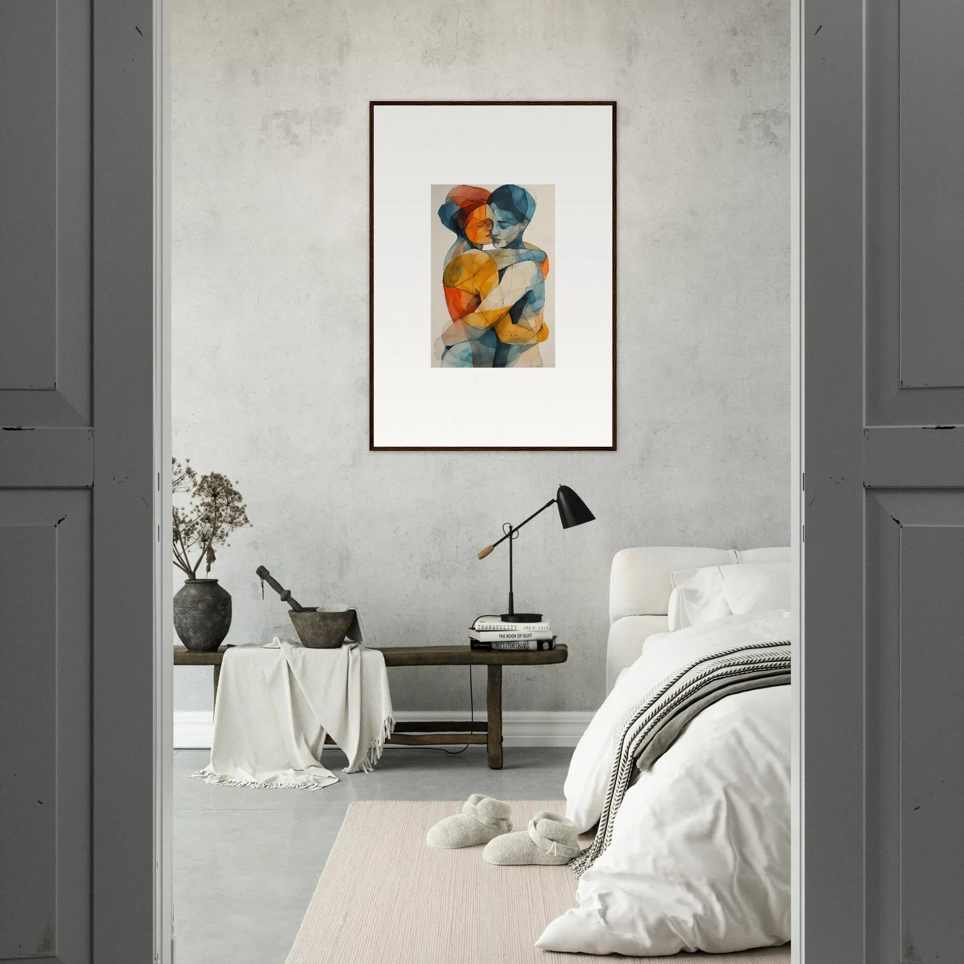 Framed abstract painting of two figures embracing, perfect for Room Decoration with Hues Embrace Serenpull