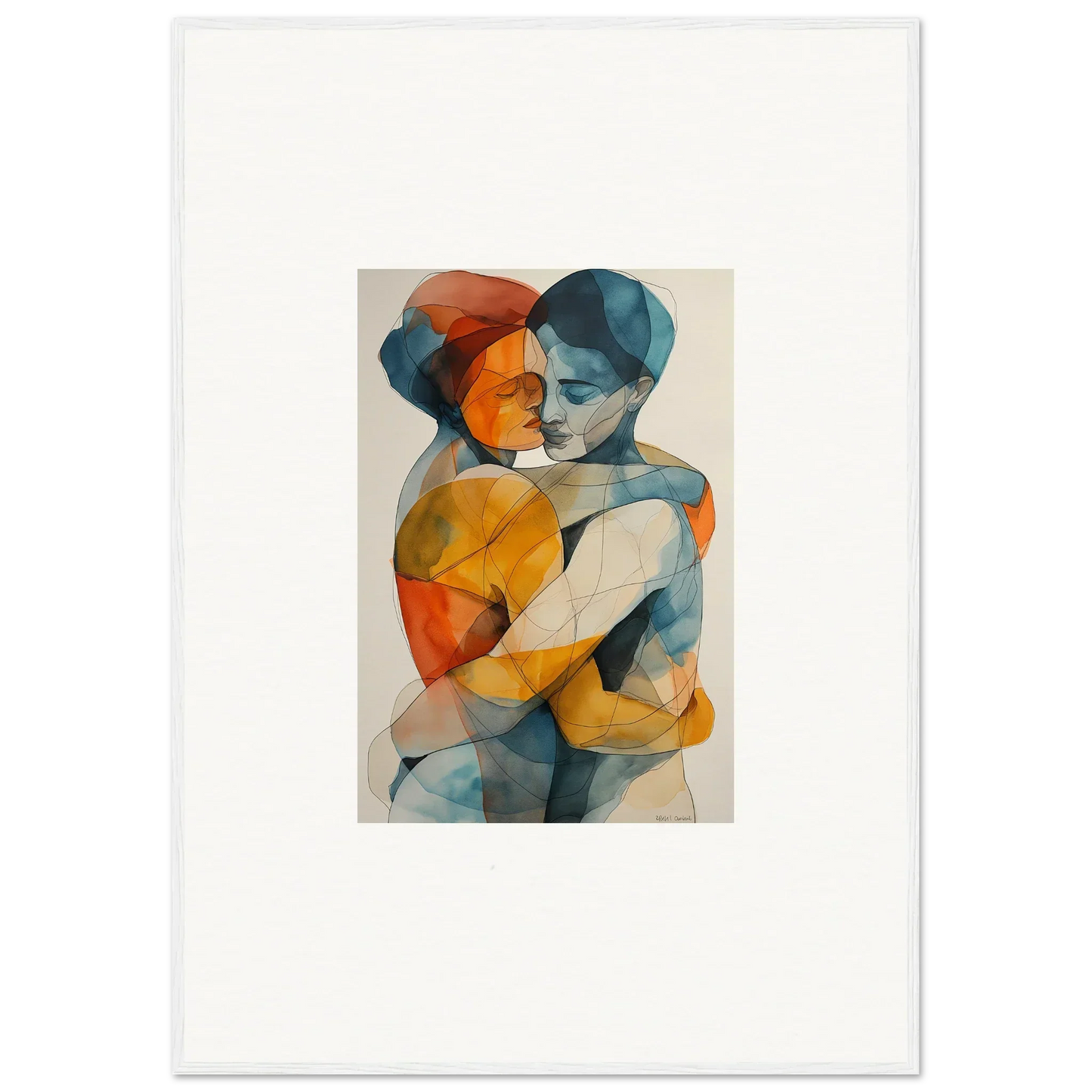 Abstract painting of two figures embracing in warm colors, perfect for room decoration