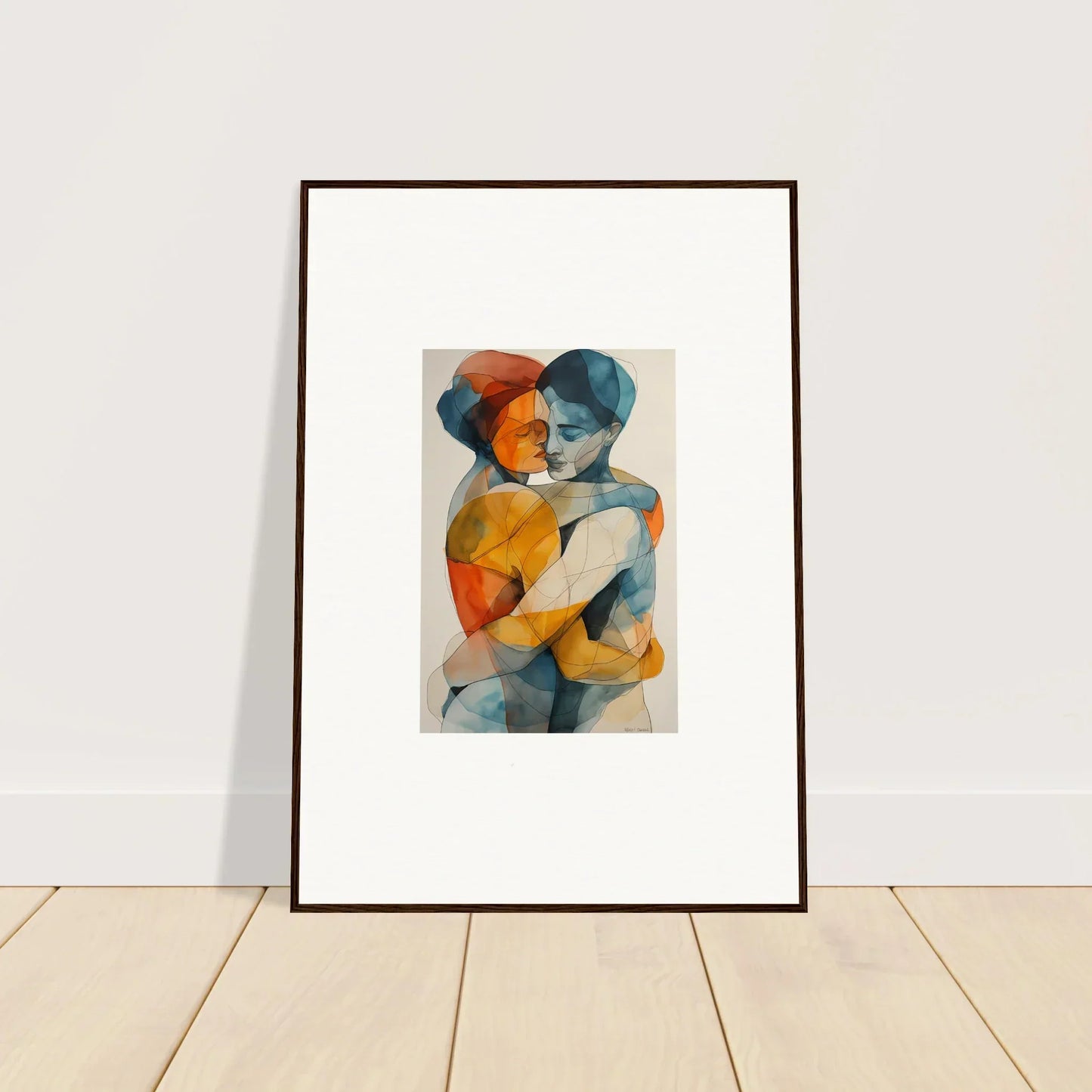 Framed abstract watercolor of embracing figures - perfect for room decoration or canvas print