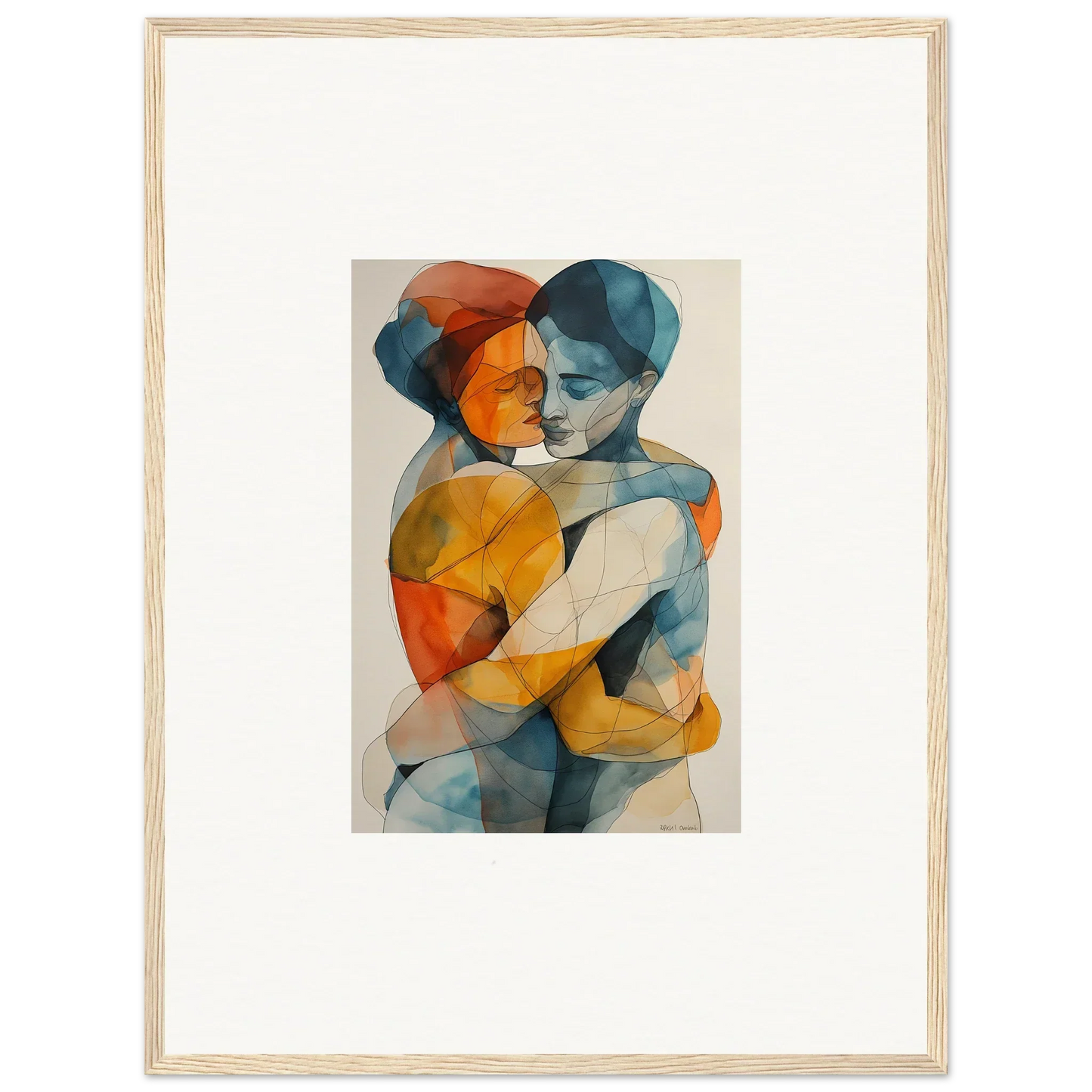 Abstract watercolor of two figures embracing, perfect for a Hues Embrace Serenpull canvas print