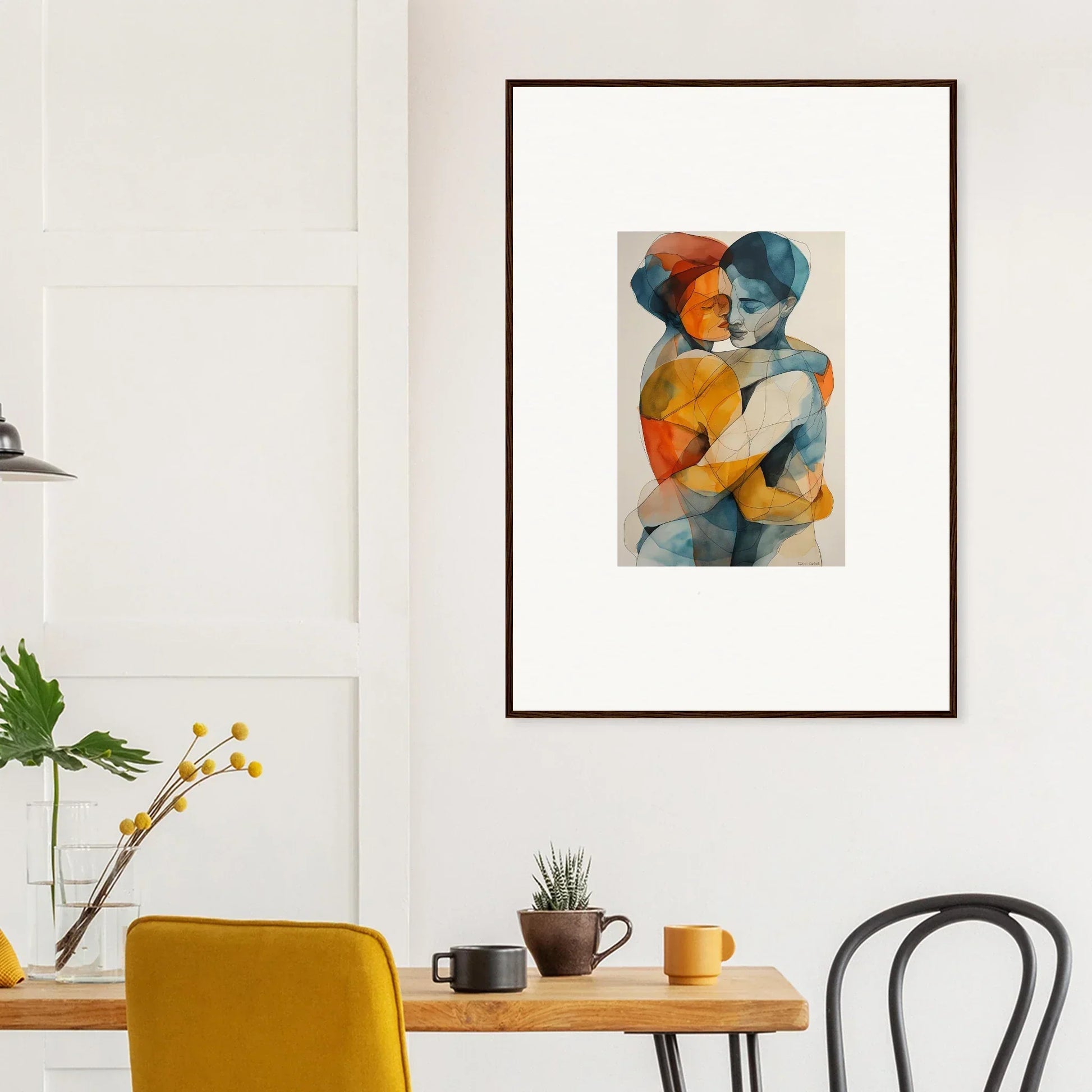 Framed watercolor of two figures embracing, perfect for room decoration or canvas print