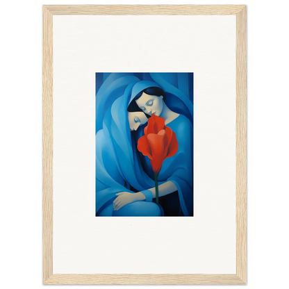 Stylized blue figure holding red shape in Hues Fuse Twilight canvas print for room decoration