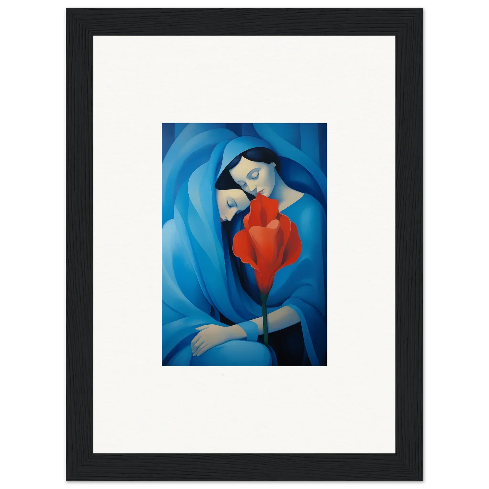 Framed canvas print of mother and child in blue and red, perfect for room decoration