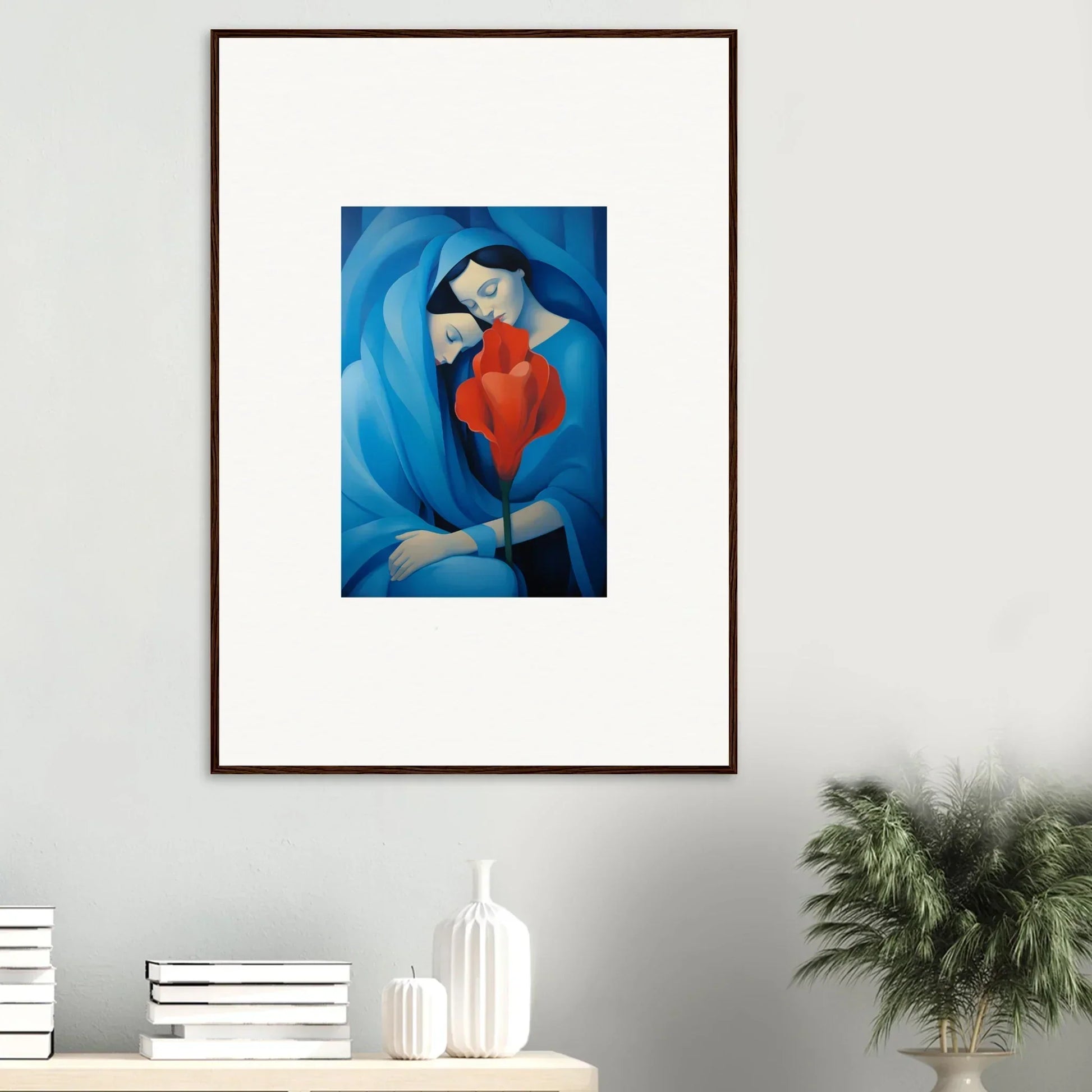 Framed canvas print of a stylish figure in blue and red, perfect for fuse twilight room decoration