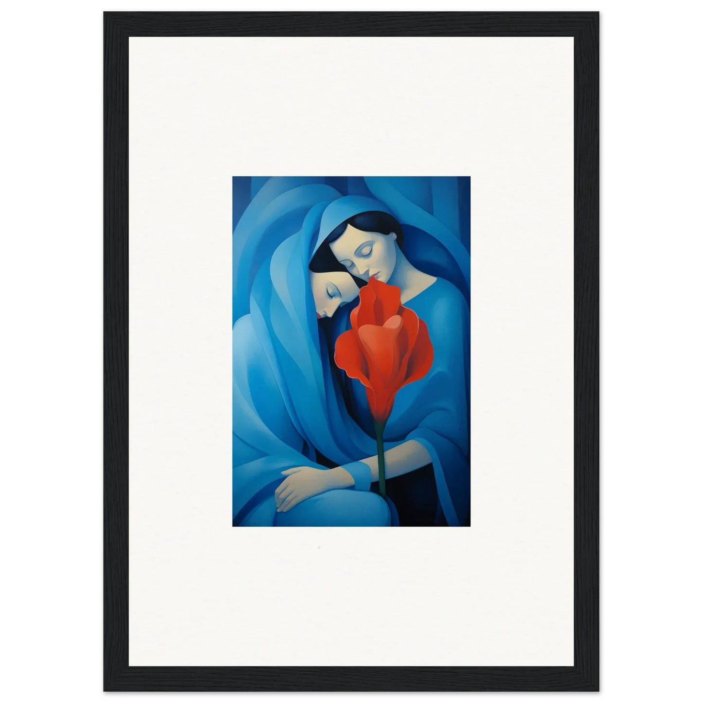 Framed canvas print of a blue figure holding a heart, perfect for Hues Fuse Twilight room decoration