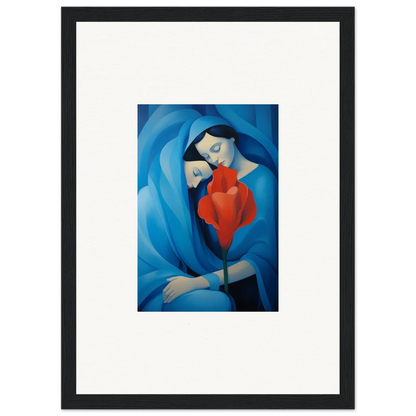 Framed canvas print of a blue figure holding a heart, perfect for Hues Fuse Twilight room decoration