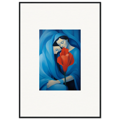 Painting of a woman in blue with a red heart, perfect for room decoration as a canvas print